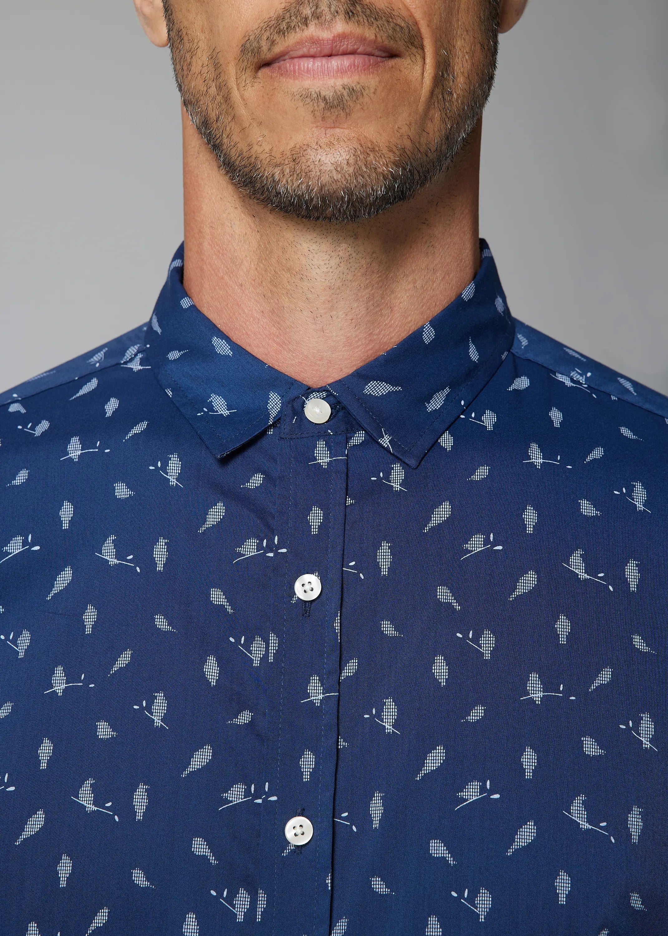 Faire,Julian & Mark, Julian & Mark Navy Blue Bird Print Long Sleeve Button Up Shirt, Blue, Medium-44-TagM