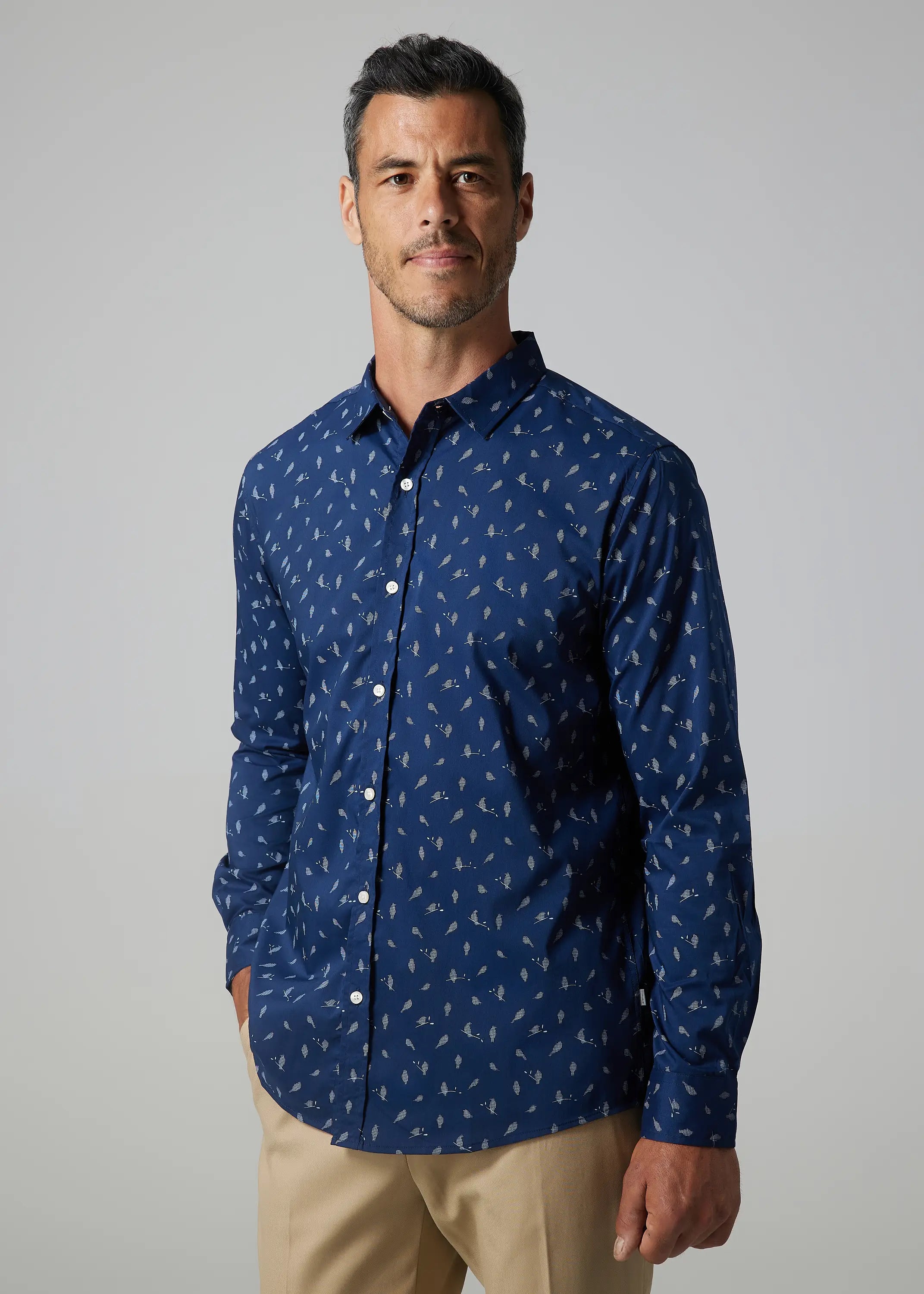 Faire,Julian & Mark, Julian & Mark Navy Blue Bird Print Long Sleeve Button Up Shirt, Blue, Medium-44-TagM