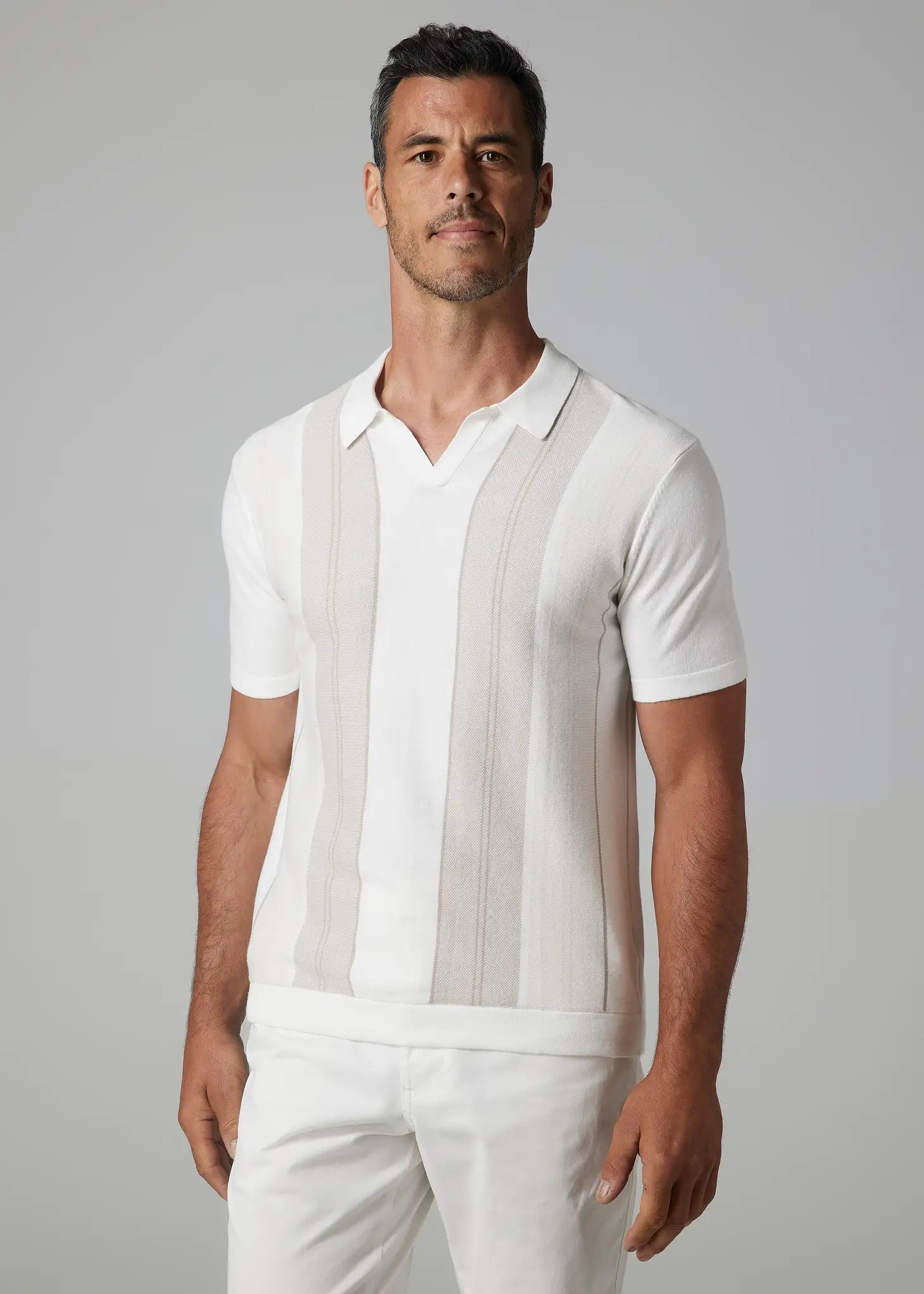 Faire,Julian & Mark, Julian & Mark White w/ Beige Stripes Buttonless Short Sleeve Knit Polo, White, Small-38-TagSMedium-41-TagMLarge-43-TagLLarge-44-TagL