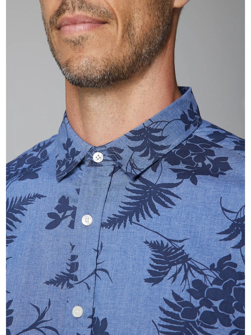 Julian & Mark Blue With Navy Floral And Leaf Print Short Sleeve Button Up Shirt