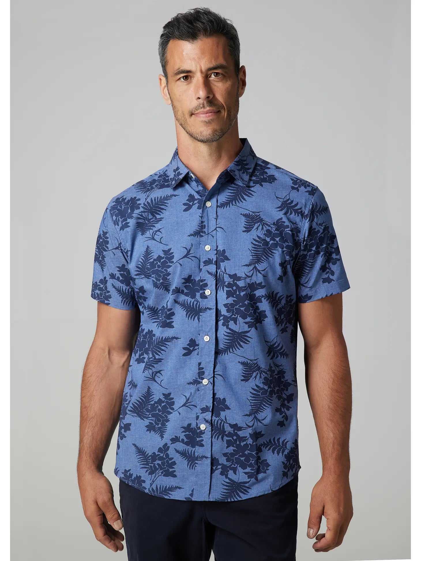 Faire,Julian & Mark, Julian & Mark Blue With Navy Floral And Leaf Print Short Sleeve Button Up Shirt, Blue, Large-46-TagL