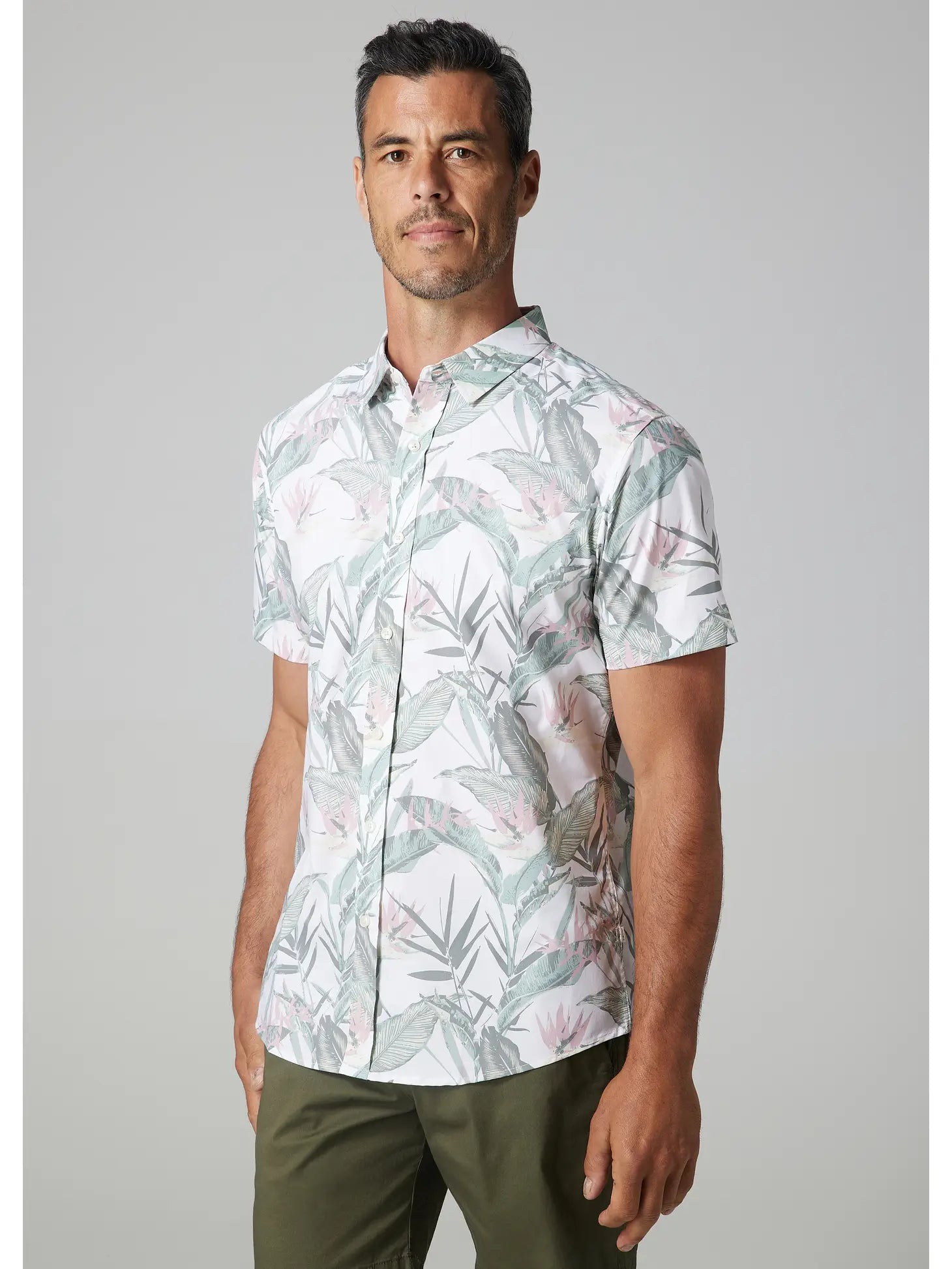 Faire,Julian & Mark, Julian & Mark White Palm Print Short Sleeve Button Up Shirt, White, Large-46-TagL
