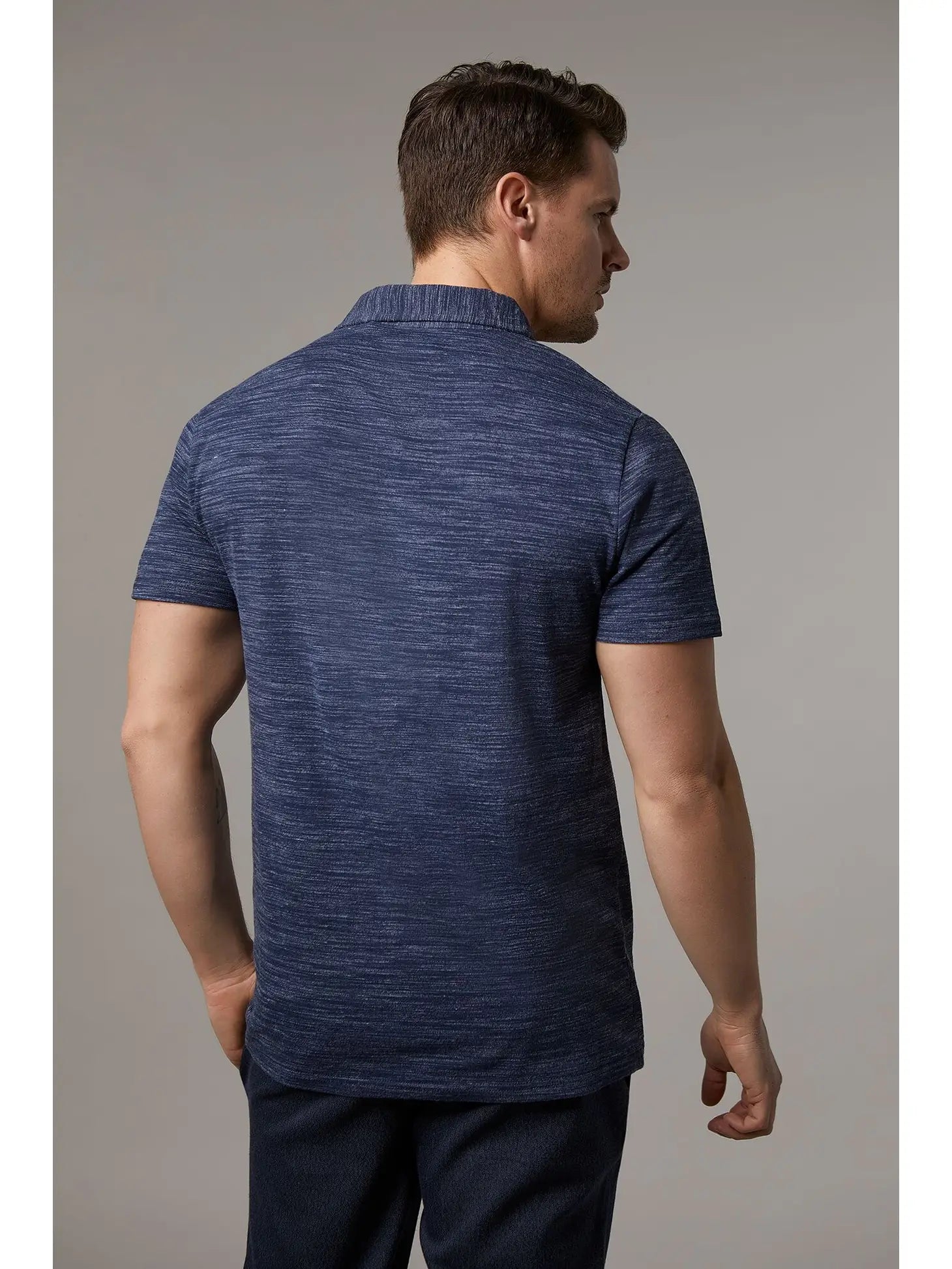 Faire,Julian & Mark, Julian & Mark Navy Heathered Short Sleeve Polo Shirt With Chest Pocket, Blue, Medium-42-TagM