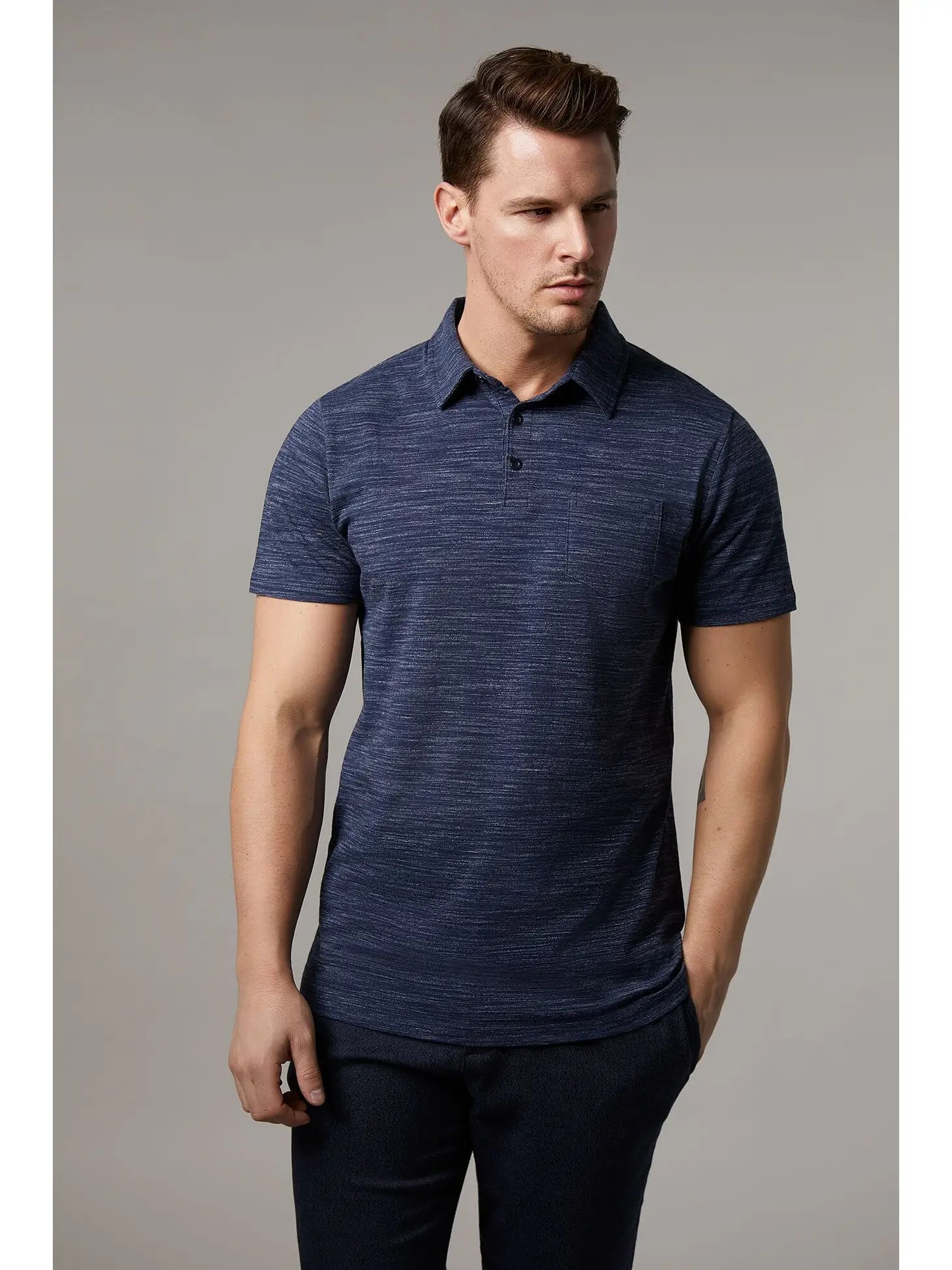 Faire,Julian & Mark, Julian & Mark Navy Heathered Short Sleeve Polo Shirt With Chest Pocket, Blue, Medium-42-TagM