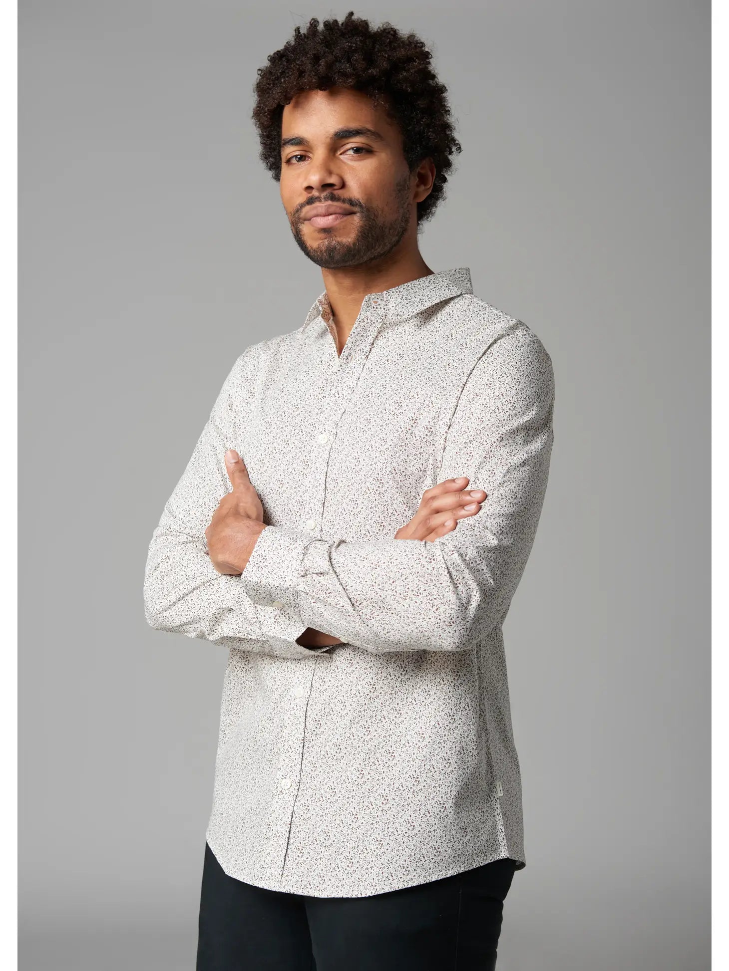 Faire,Julian & Mark, Julian & Mark White With Brown Dotted Abstract Floral Print Slim Fit Long Sleeve Button Up Shirt, White, Extra Extra Large-54-TagXXL