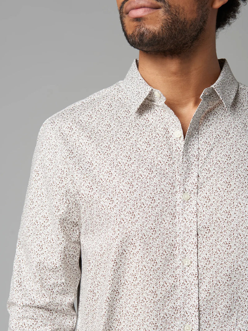 Julian & Mark White With Brown Dotted Abstract Floral Print Slim Fit Long Sleeve Button Up Shirt