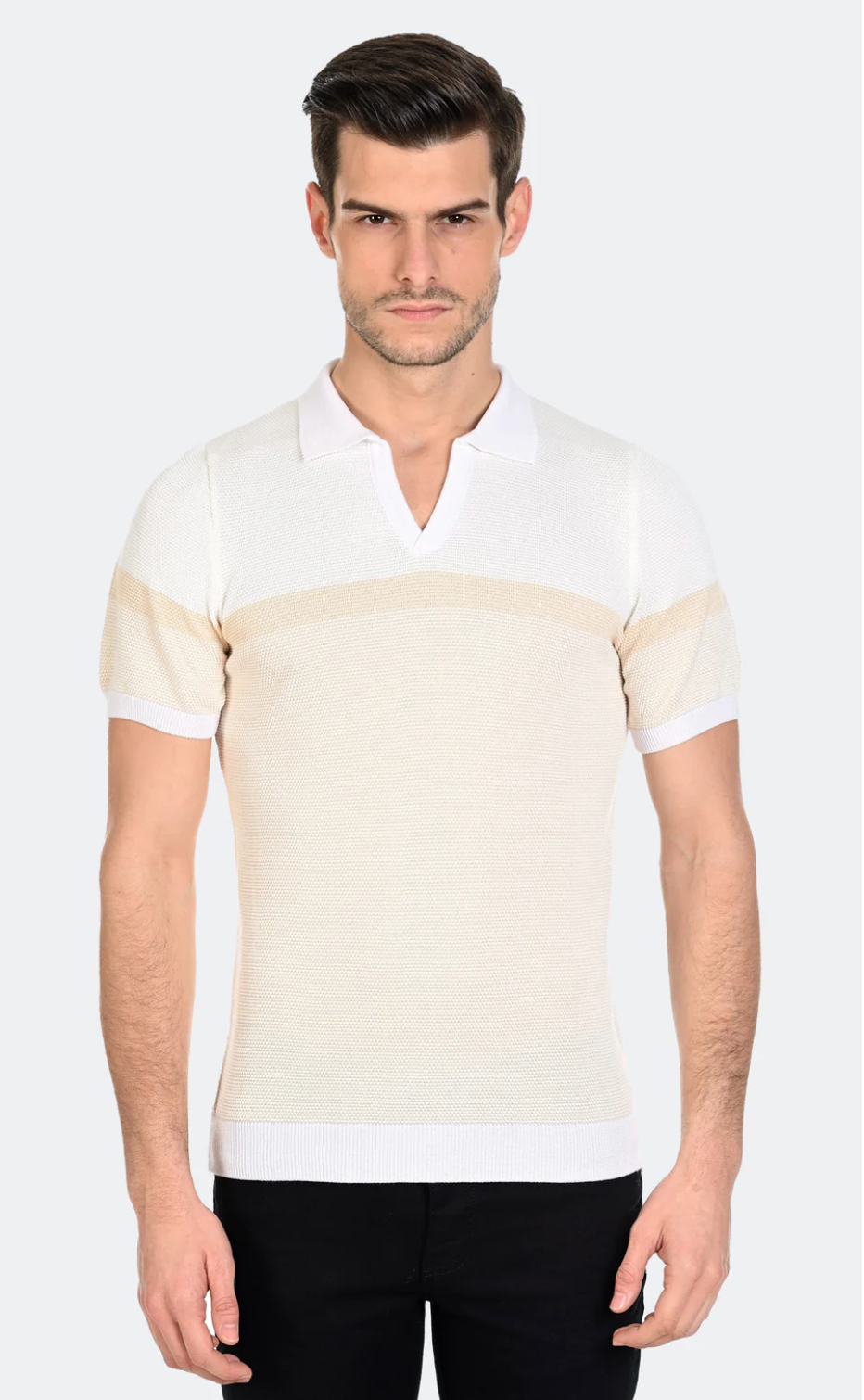 Wholesale,LCR, LCR Cream & Beige Colorblock Knit Short Sleeve Polo, Cream, Medium-44-TagM