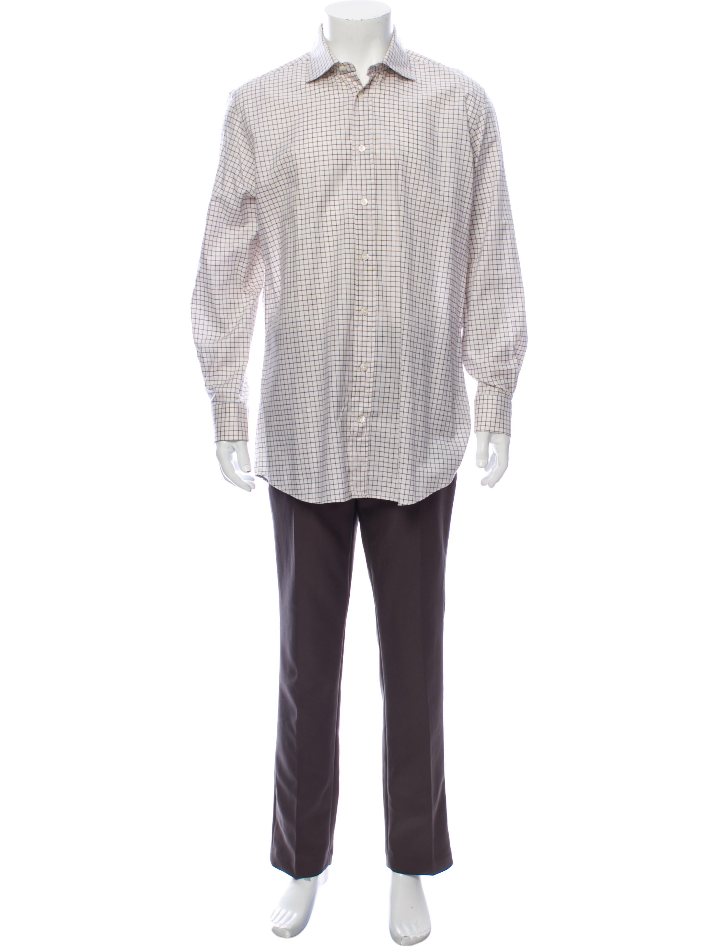 The RealReal, Luciano Barbera Beige Mini Grid Print Button Up Shirt, Tan, Large-47-TagL