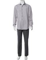 Lanvin Light Grey With Blue & Brown Micro Plaid Print Long Sleeve Shirt
