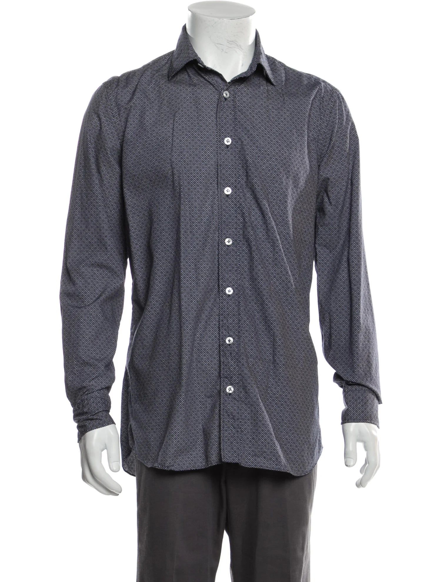 The RealReal,Lardini, Lardini Dark Blue Diamond Medallion Print Long Sleeve Button Up Shirt, Blue, Medium-42-TagM