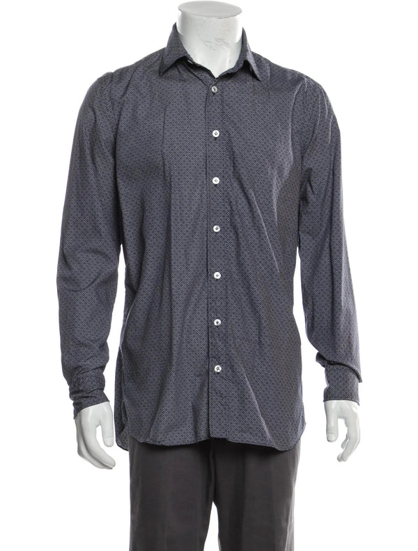 Lardini Dark Blue Diamond Medallion Print Long Sleeve Button Up Shirt