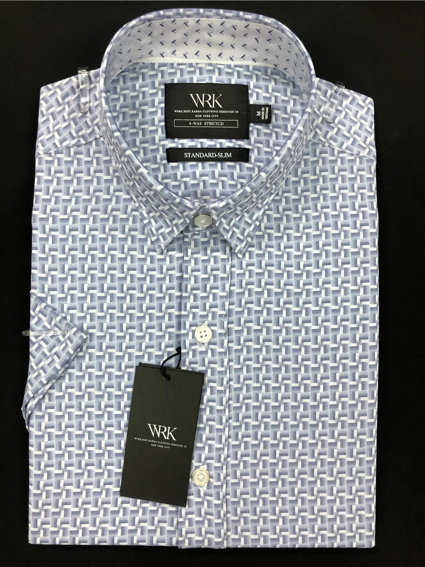Faire,W.R.K., W.R.K Light Grey Square Geo Print 4-Way Stretch Short Sleeve Shirt, Grey, Medium-42-TagM
