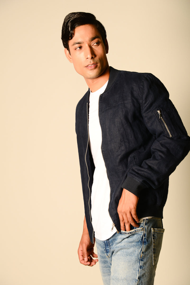 Brand Partner,Sons+Fathers, Sons + Fathers Navy Linen Bomber Jacket, Blue, Medium-42-TagM
