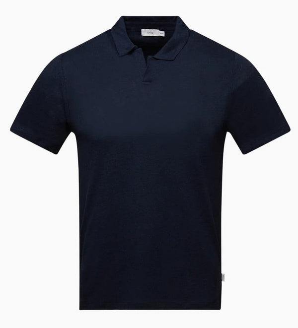 Onia Navy Linen Blend Buttonless Short Sleeve Polo