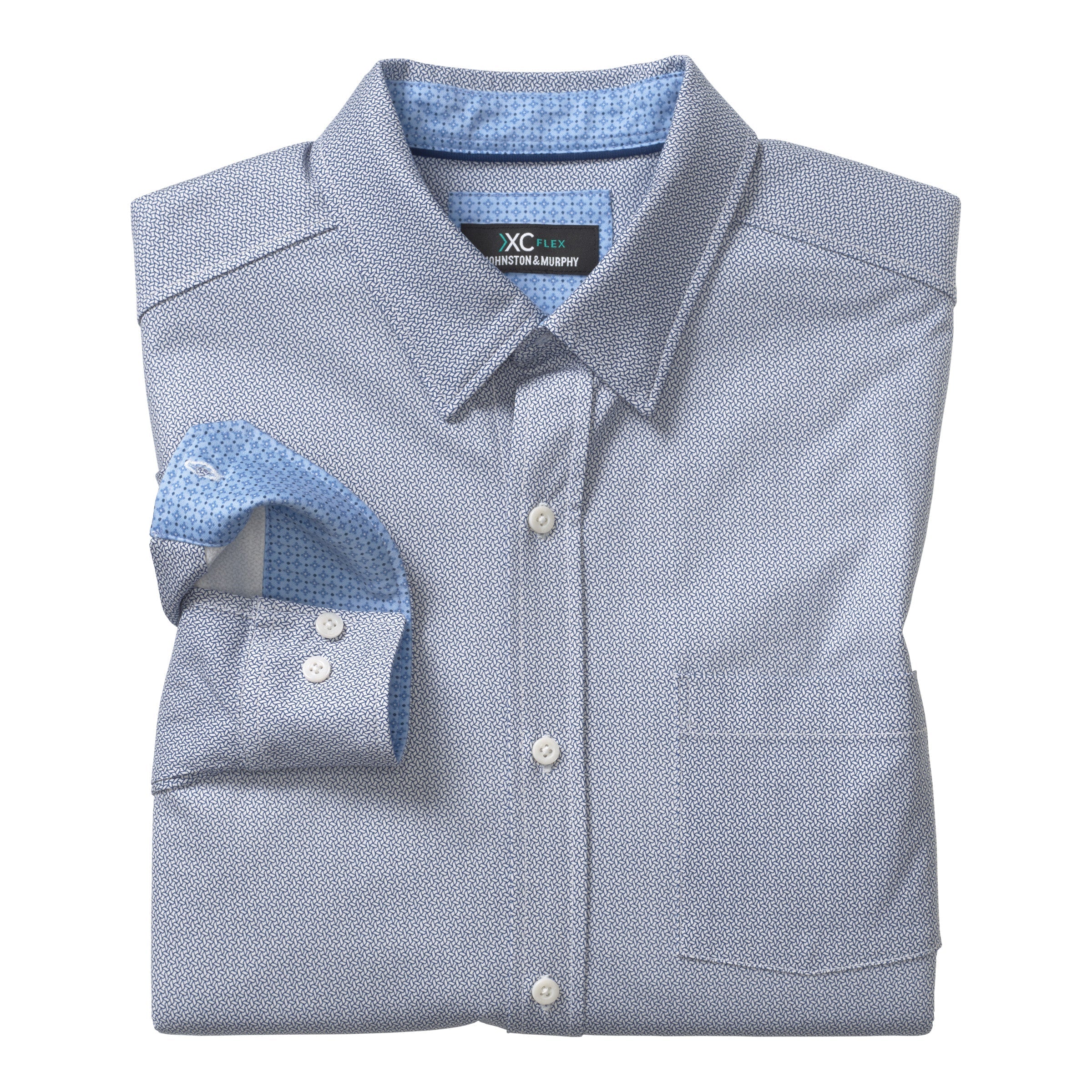Wholesale,Johnston & Murphy, Johnston & Murphy Navy & White Geo Print XC Flex Stretch Long Sleeve Button Up Shirt, Blue, Extra Extra Large-53-TagXXLExtra Large-50-TagXLLarge-47-TagLMedium-44-TagMSmall-41-TagS