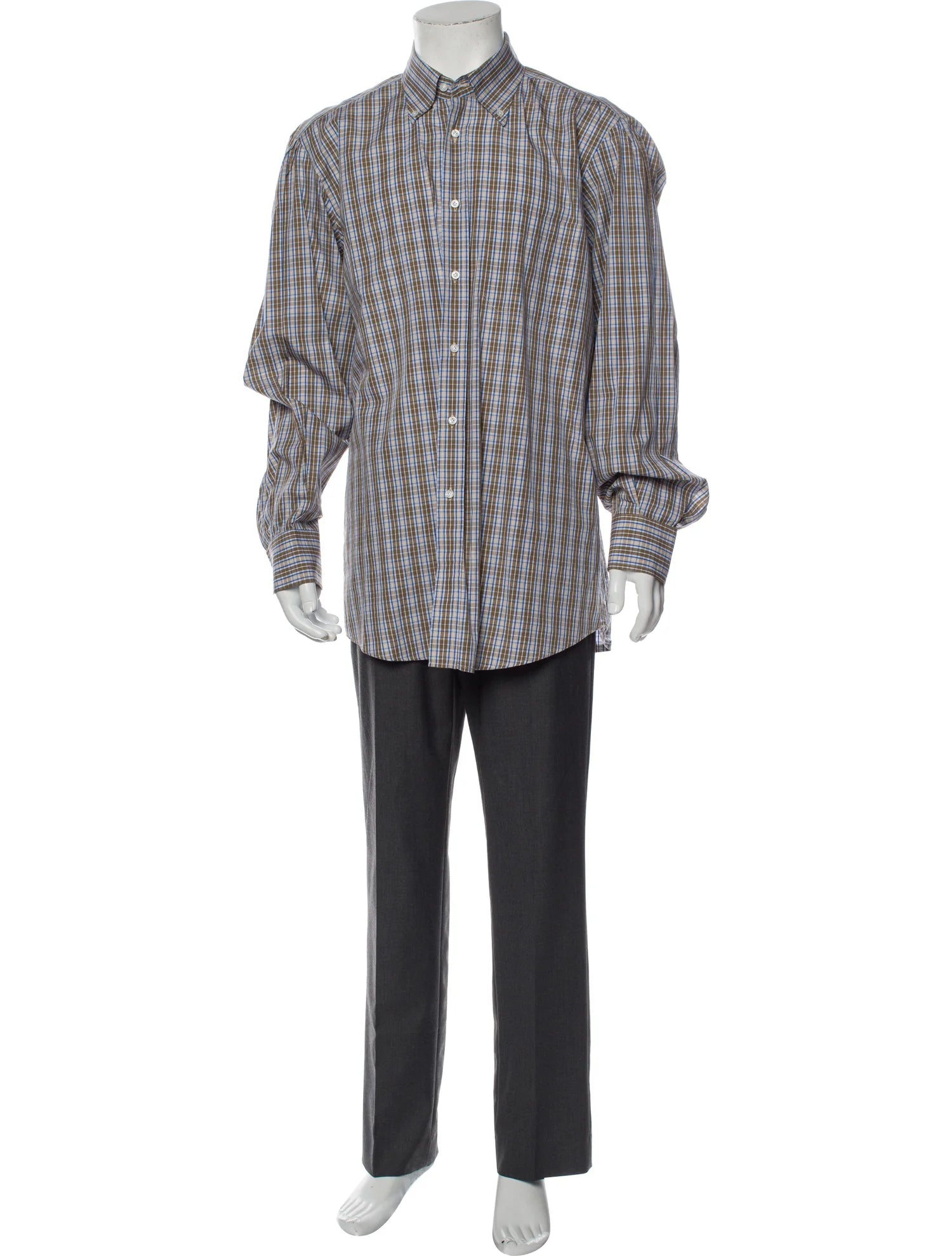 The RealReal,Luciano Barbera, Luciano Barbera Blue & Brown & Beige Plaid Print Long Sleeve Shirt With Front Chest Pocket, Blue, Extra Extra Large-52-TagXXL