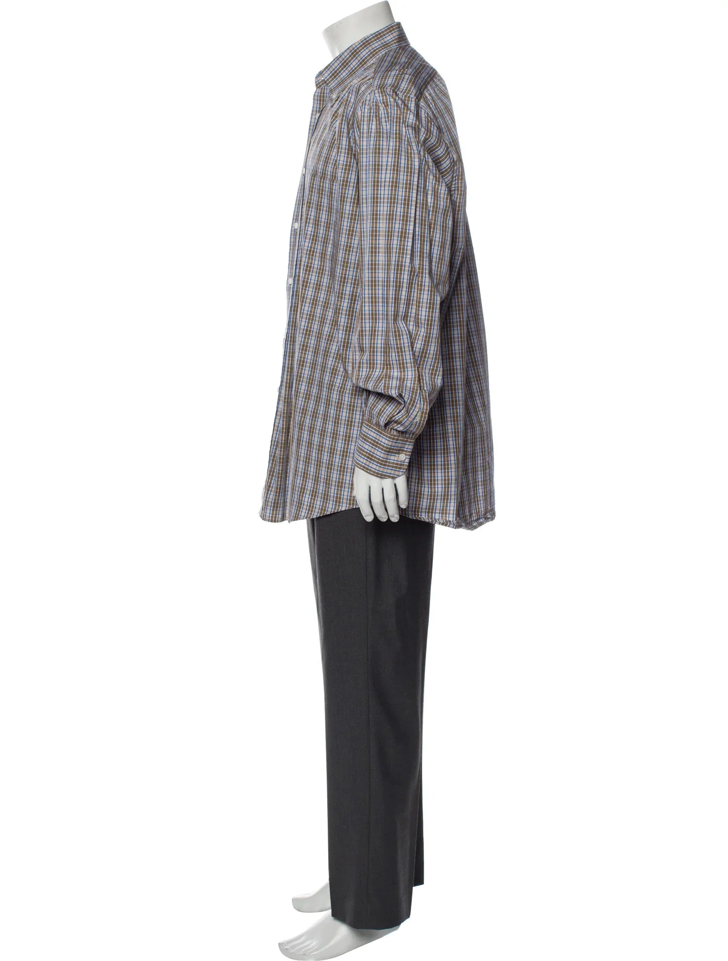 The RealReal,Luciano Barbera, Luciano Barbera Blue & Brown & Beige Plaid Print Long Sleeve Shirt With Front Chest Pocket, Blue, Extra Extra Large-52-TagXXL