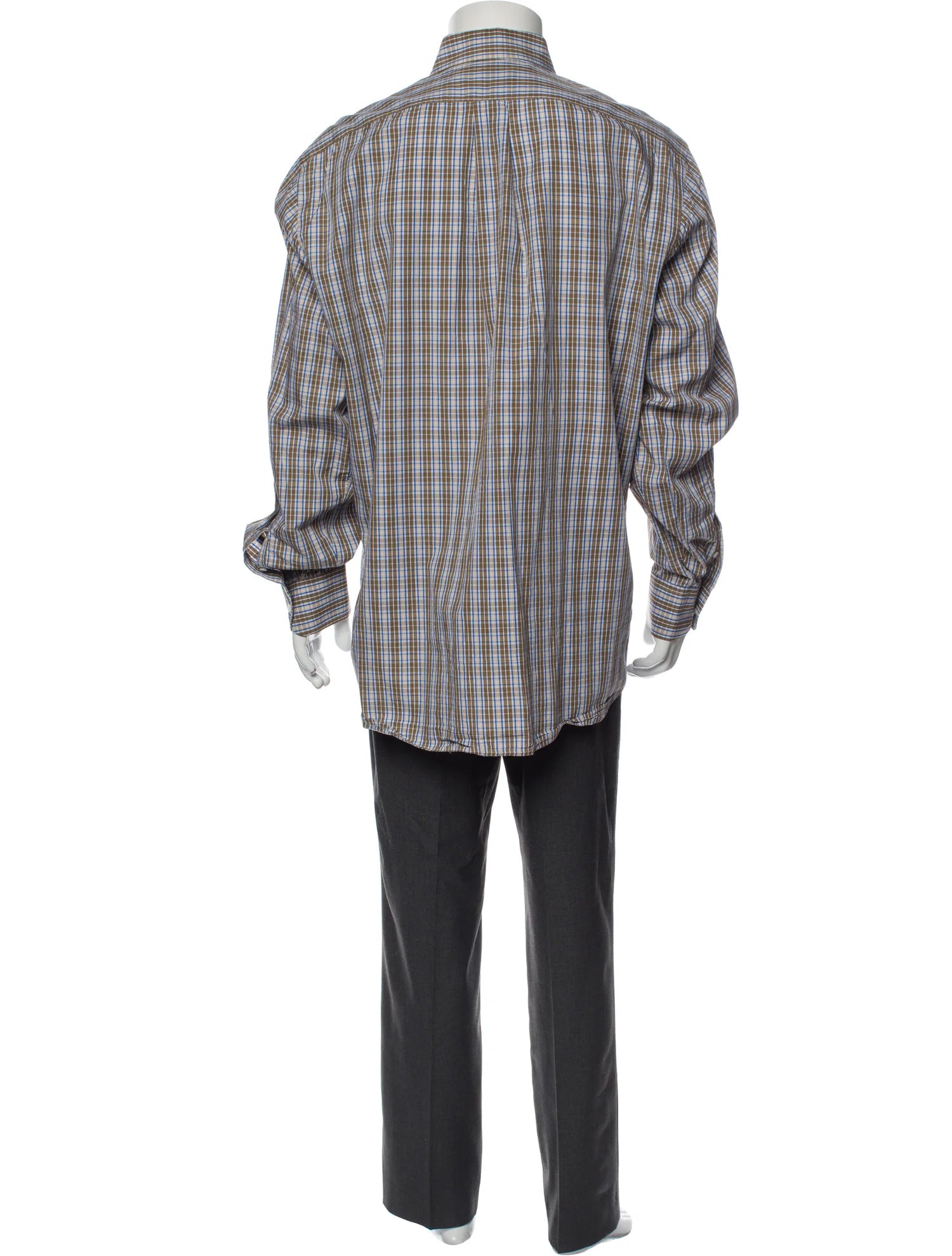 The RealReal,Luciano Barbera, Luciano Barbera Blue & Brown & Beige Plaid Print Long Sleeve Shirt With Front Chest Pocket, Blue, Extra Extra Large-52-TagXXL