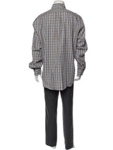 Luciano Barbera Blue & Brown & Beige Plaid Print Long Sleeve Shirt With Front Chest Pocket