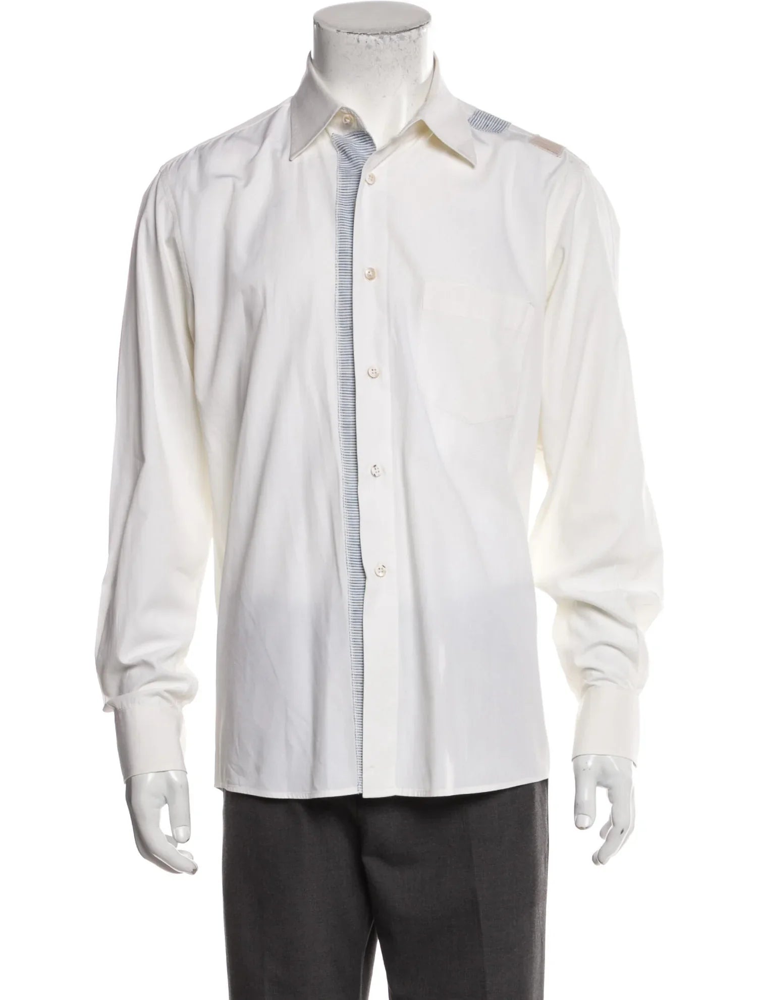 The RealReal,Luciano Barbera, Luciano Barbera Cream Button Up Shirt With Blue Striped Placket Detail, White, Large-45-TagL