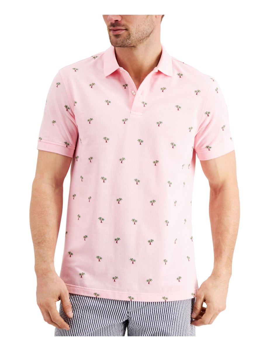 ClubRoom,Clubroom, ClubRoom Pink Palm Print Short Sleeve Polo, Pink, Small-39-TagS