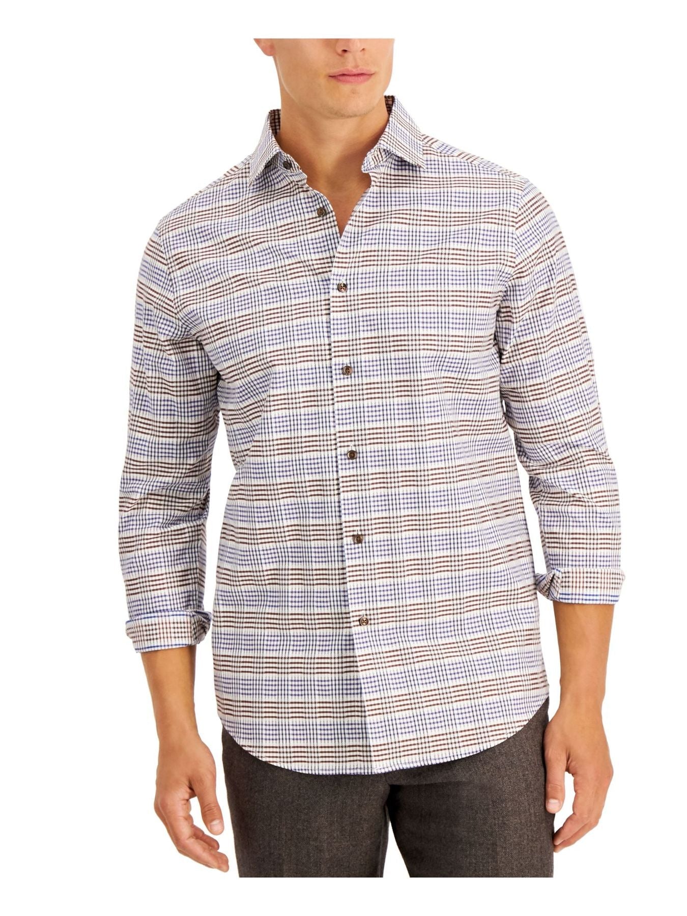 Bobbi + Bricka,TASSO ELBA, Tasso Elba White With Brown & Blue Plaid Button-up Shirt, Brown, Medium-44-TagM