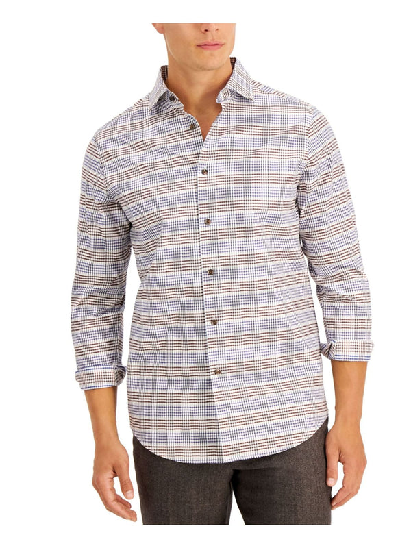 Tasso Elba White With Brown & Blue Plaid Button-up Shirt