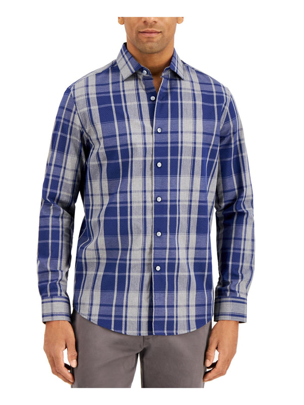 Tasso Elba Navy Blue Plaid Button Up Shirt