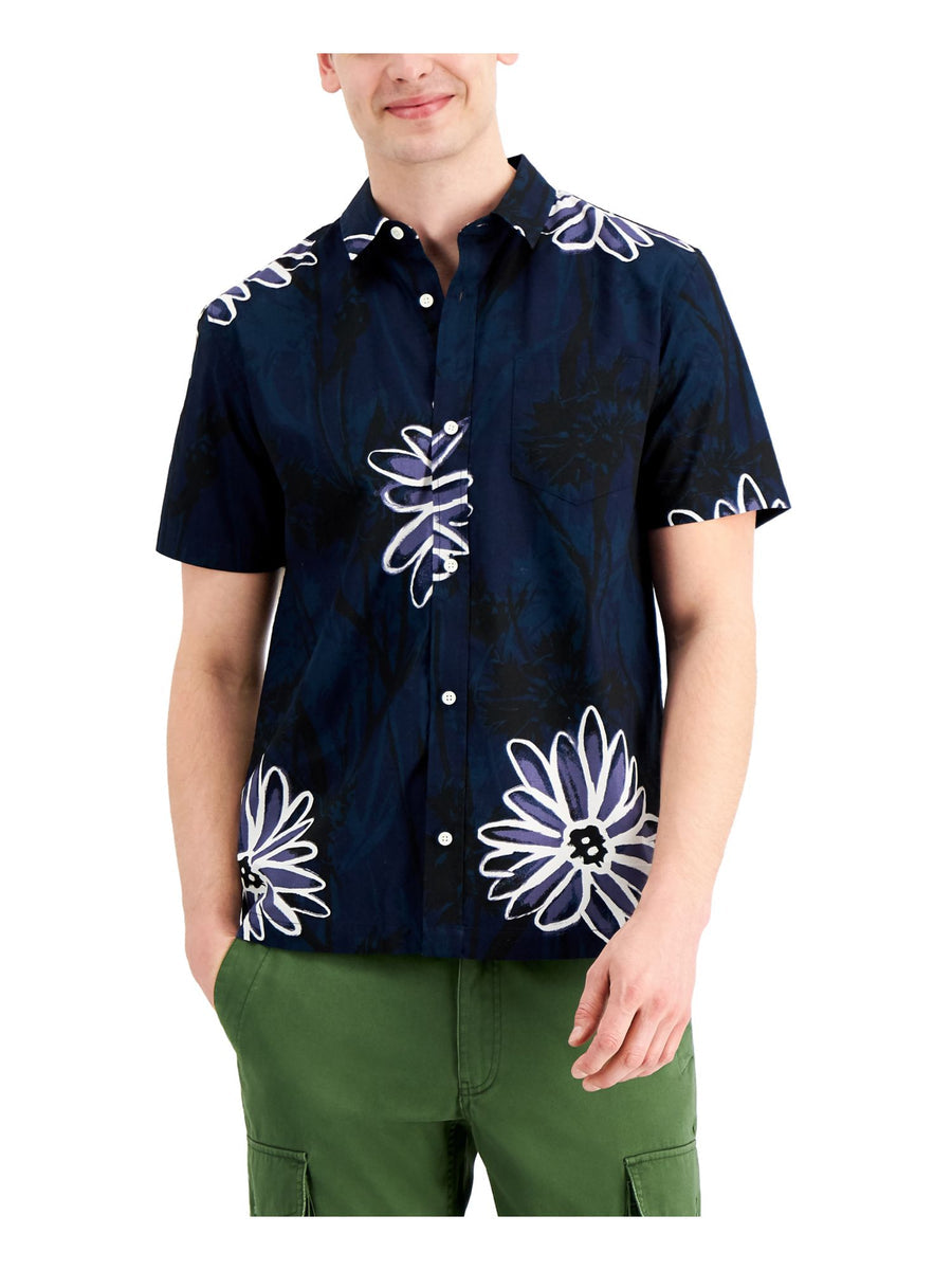 Bobbi + Bricka,Sun + Stone, Sun + Stone Dark Blue Floral Abstract Short Sleeve Button Up Shirt, Blue, Small-41-TagS