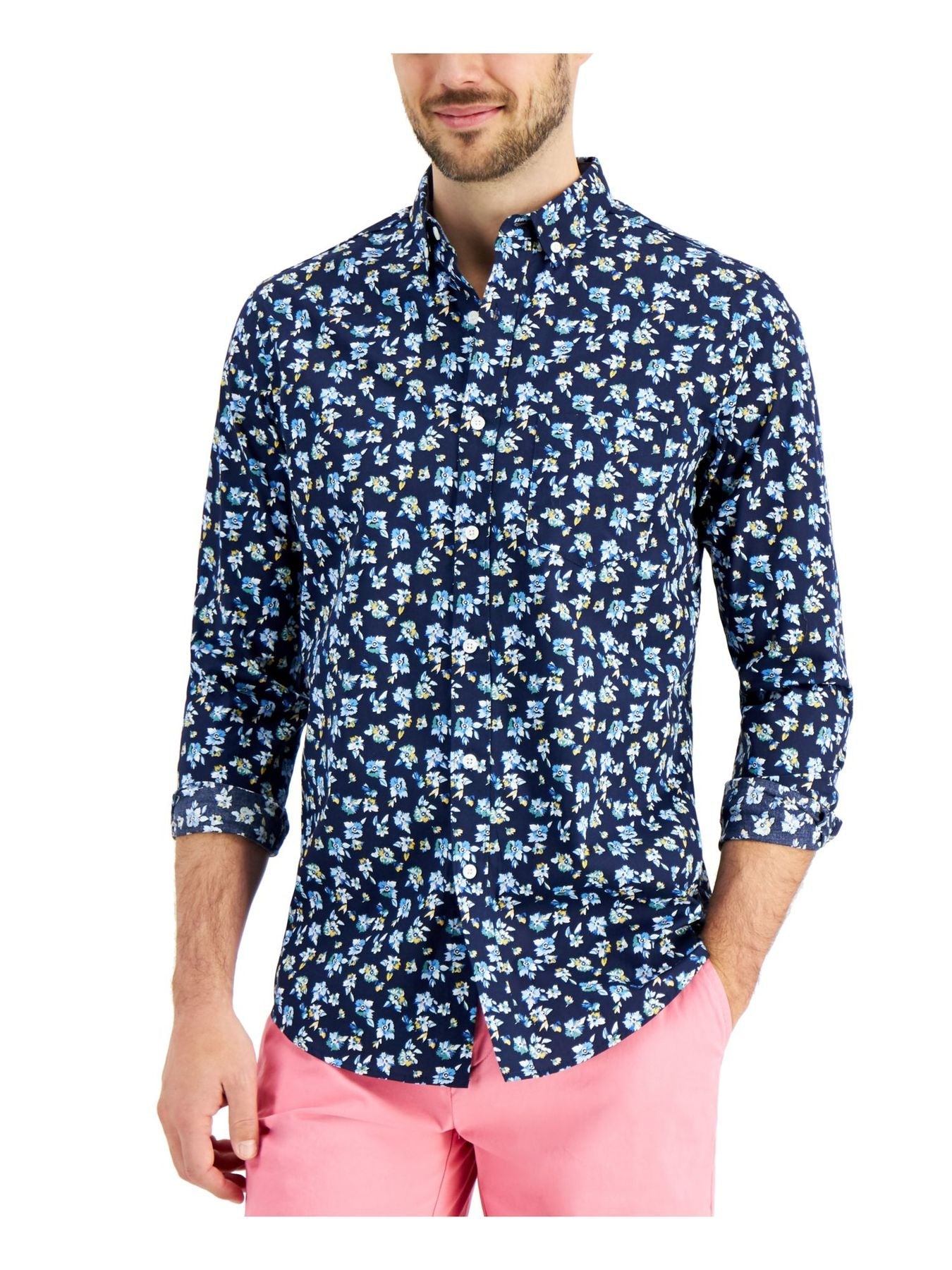Bobbi + Bricka,Clubroom, Club Room Navy Floral Button Up Shirt, Blue, Large-45-TagM