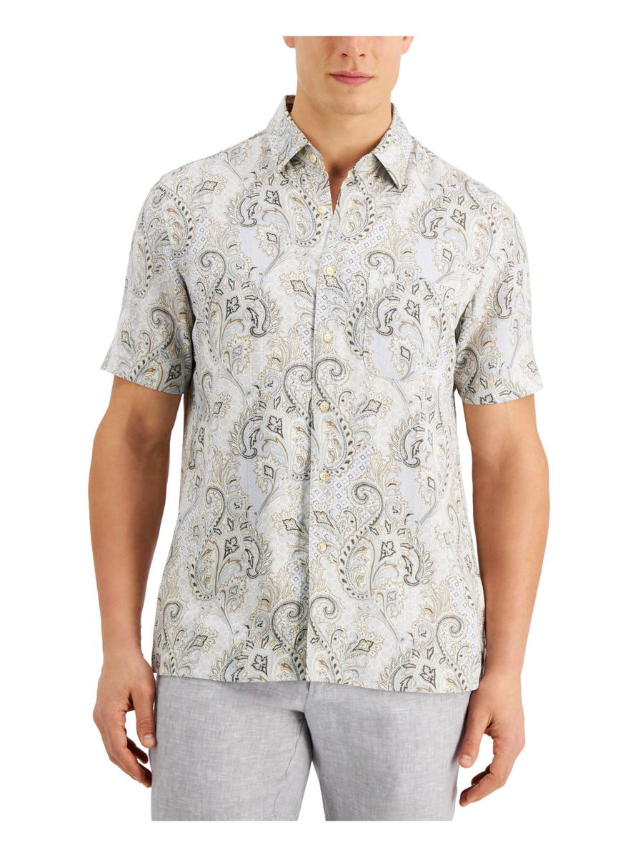 Bobbi + Bricka,Tasso Elba, Tasso Elba Light Blue & Beige Paisley Short Sleeve Button Up Shirt, Blue, Small-39-TagS