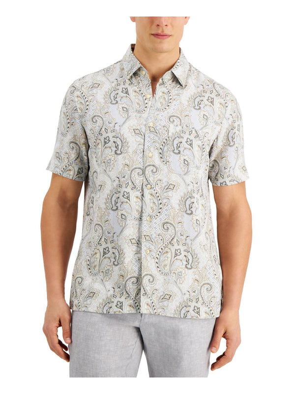 Tasso Elba Light Blue & Beige Paisley Short Sleeve Button Up Shirt