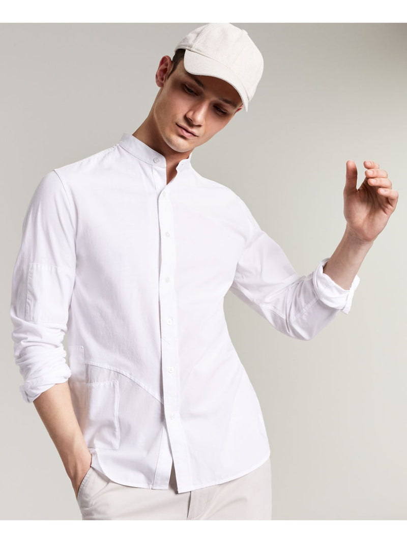 Sun + Stone White Patchwork Mandarin Collar Button Up Shirt