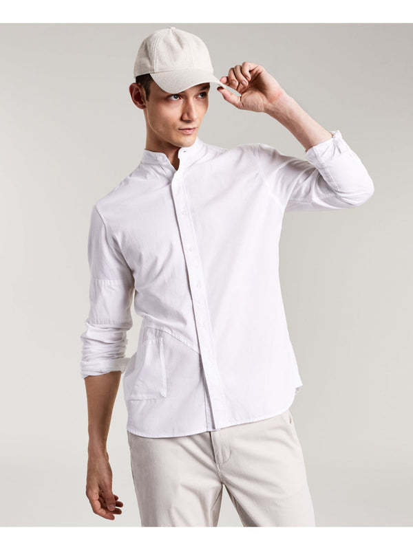 Sun + Stone White Patchwork Mandarin Collar Button Up Shirt