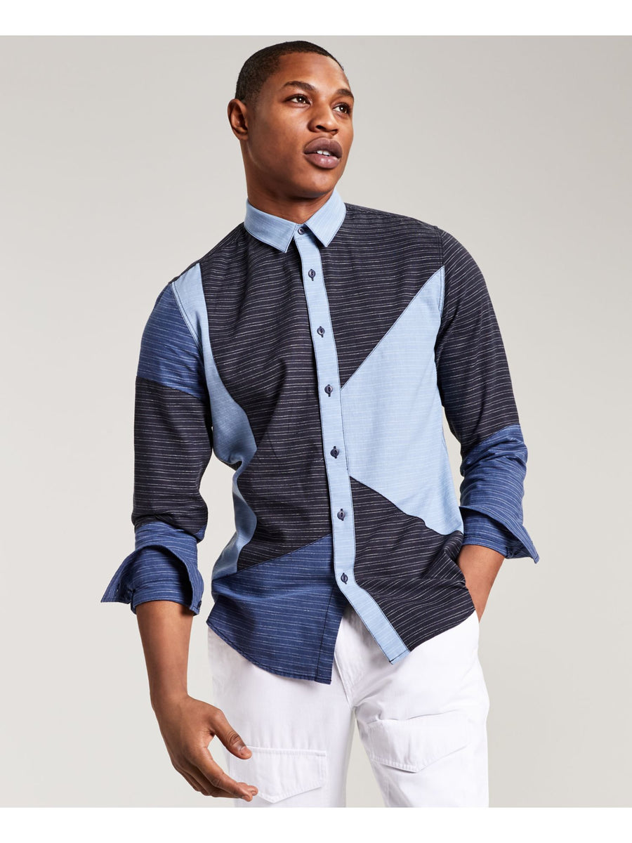 Bobbi + Bricka,Sun + Stone, Sun + Stone Blue Multi Patch Button Up Shirt, Blue, Small-41-TagS