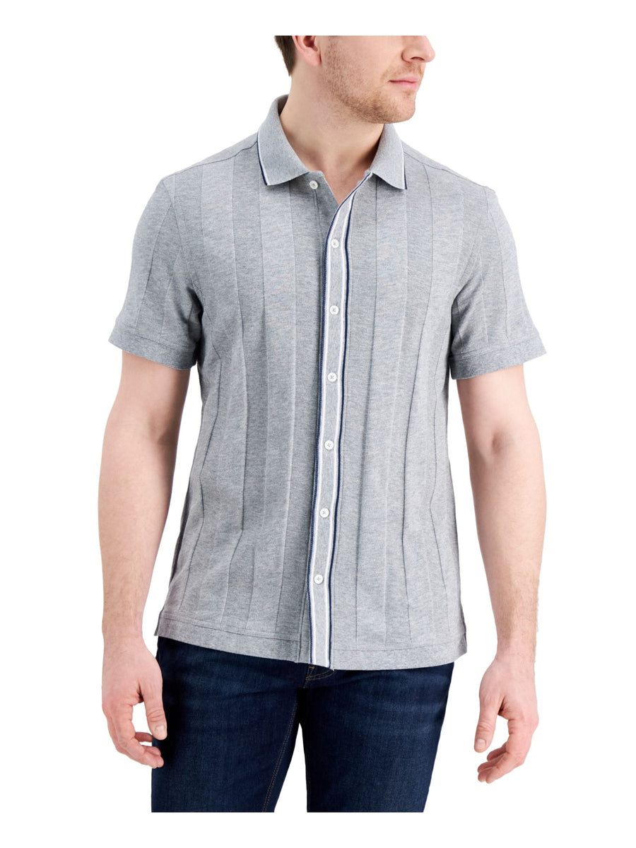 Bobbi + Bricka,Tasso Elba, Tasso Elba Grey Textured Stripe Full Button Up Knit Polo, Grey, Large-45-TagL