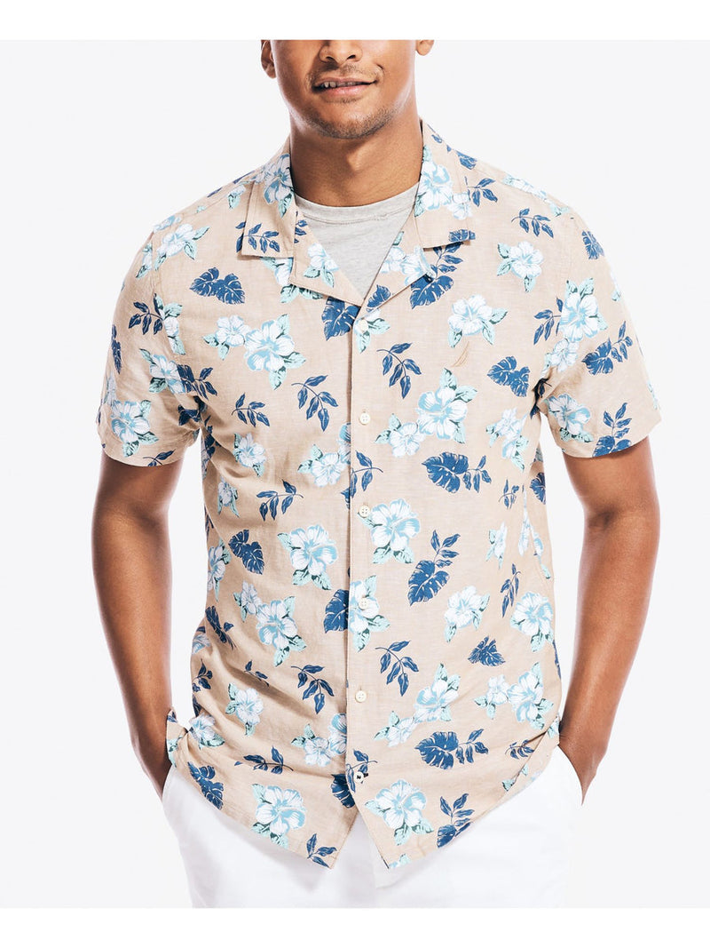 Nautica Tan Floral Linen Short Sleeve Button Up Shirt
