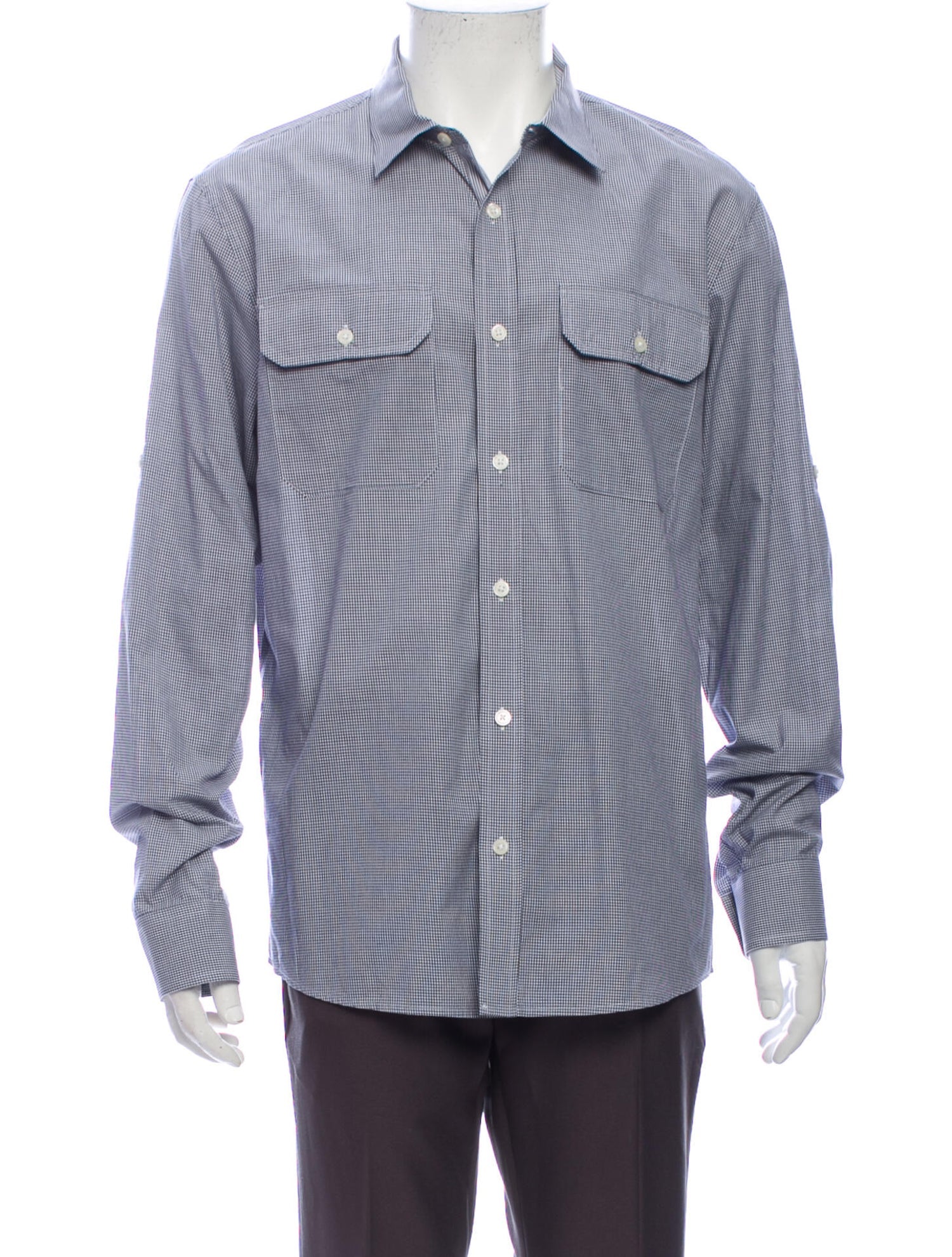 The RealReal, Michael Kors Black Mini Check Print Double Pocket Button Up Shirt, Blue, Large-45-TagL