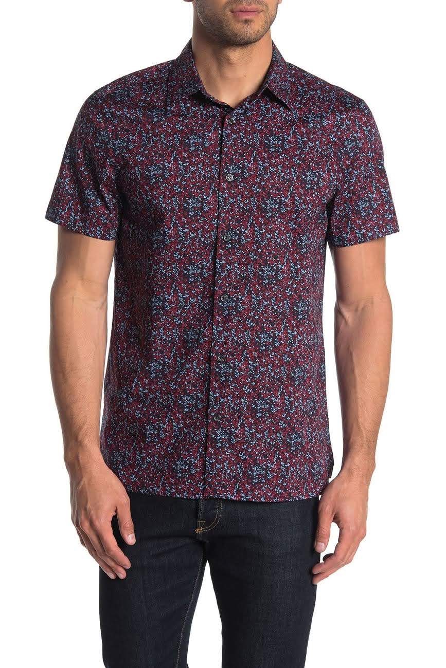 Nordstrom Rack, Perry Ellis Maroon and Blue Abstract Printed Shortsleeve Button Up Shirt, Red, Medium-42-TagM