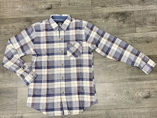 Faire,Miners Clothing Company, Miners Clothing Company Cream & Blue Plaid Print Flannel, Cream, Large-45-
