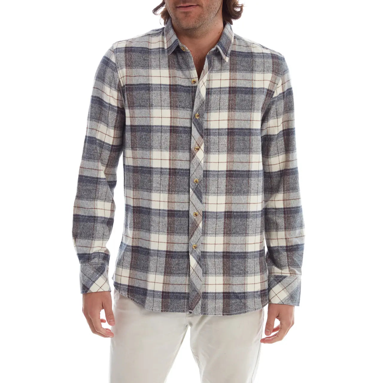Faire,Miners Clothing Company, Miners Clothing Company Cream & Blue Plaid Print Flannel, Cream, Large-45-