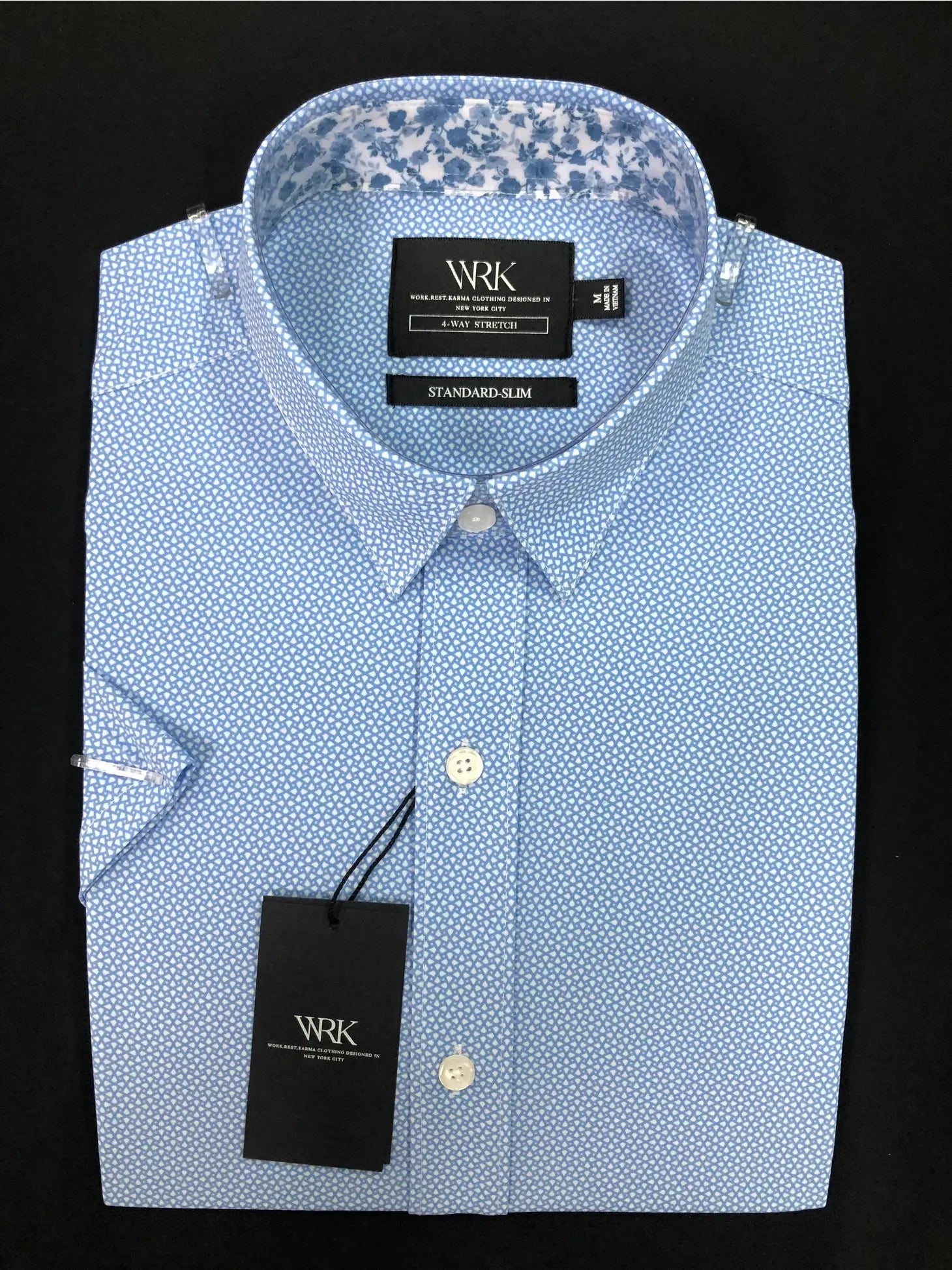 Faire,W.R.K., W.R.K Light Blue Mini Geo Print 4-Way Stretch Short Sleeve Shirt, Blue, Medium-42-TagM