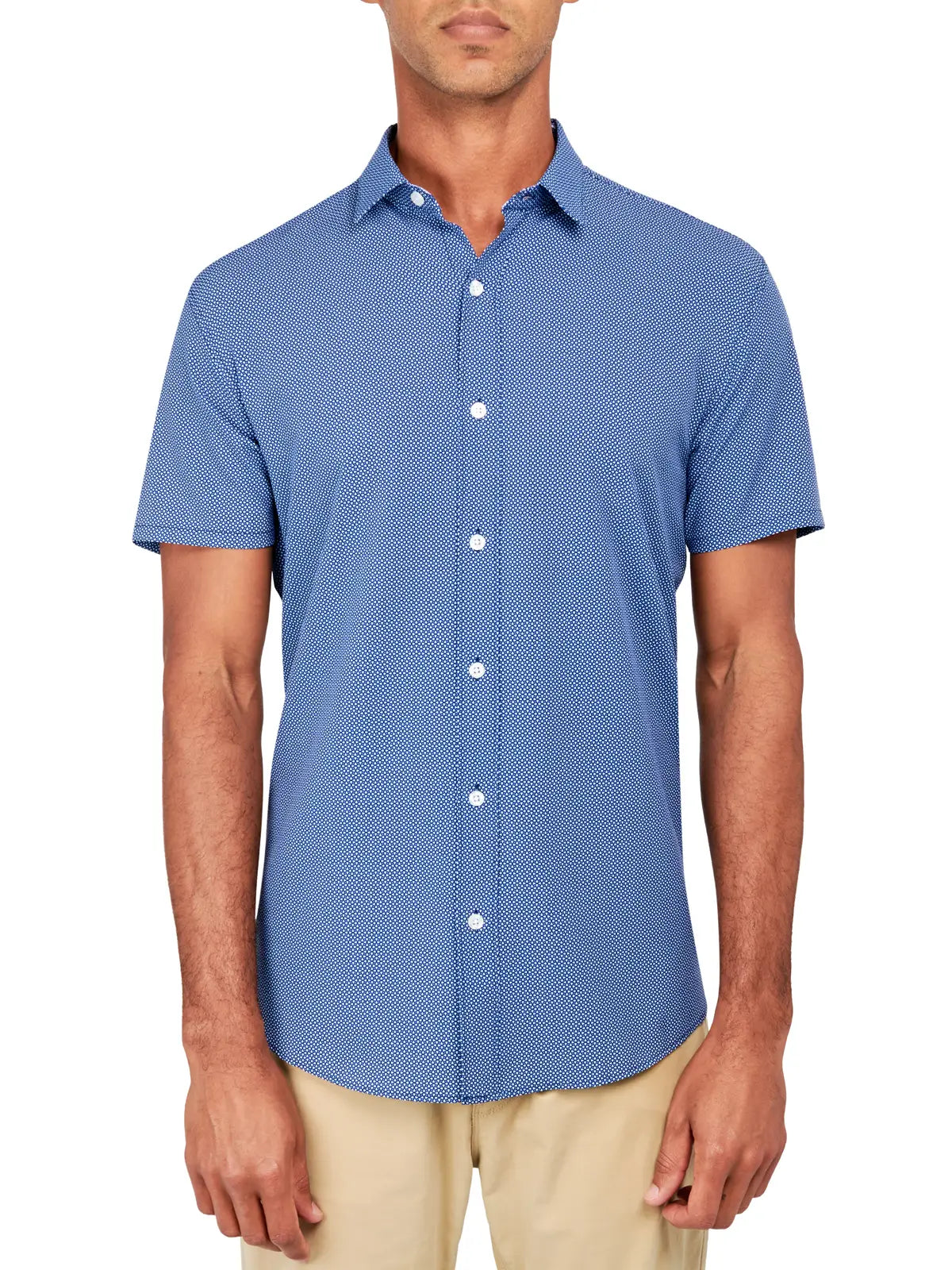 Faire,W.R.K., W.R.K Dark Blue Mini Geo Print 4-Way Stretch Short Sleeve Shirt, Blue, Large-46-TagXLLarge-44-TagLMedium-42-TagMSmall-40-TagSExtra Large-48-TagXXL