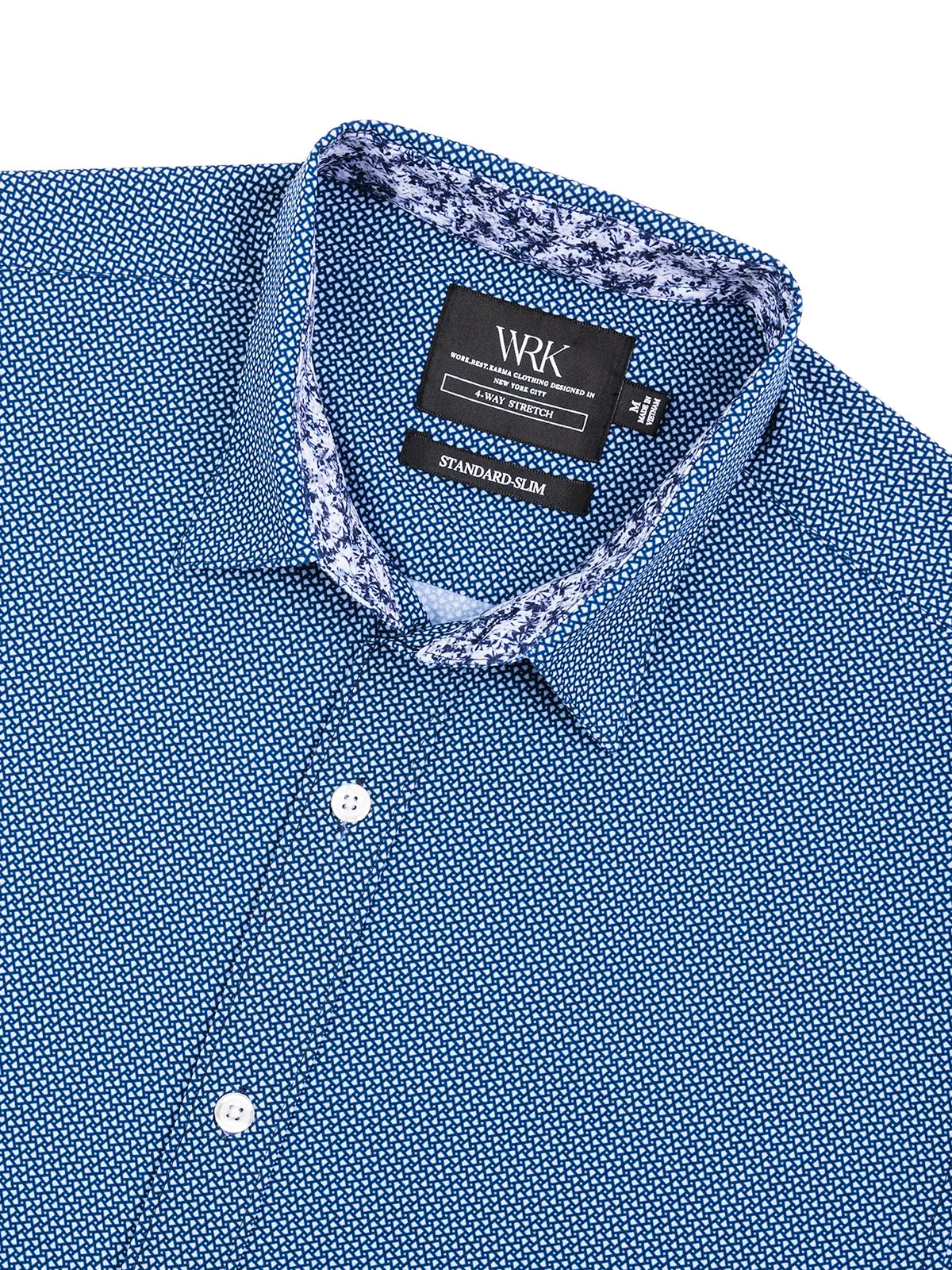 Faire,W.R.K., W.R.K Dark Blue Mini Geo Print 4-Way Stretch Short Sleeve Shirt, Blue, Medium-42-TagM