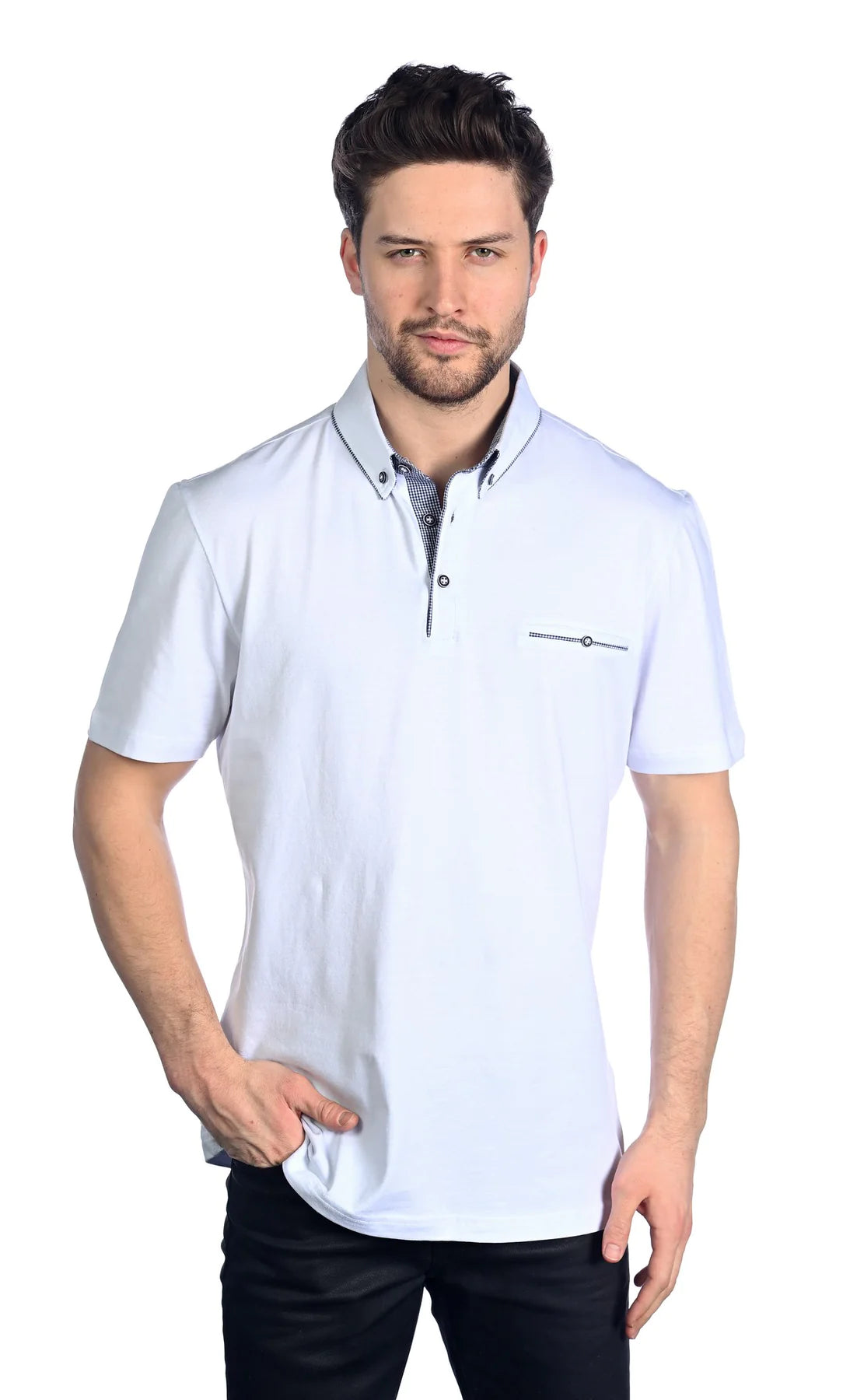 Mizumi White Short Sleeve Knit Polo With Contrast Collar And Front Che ...