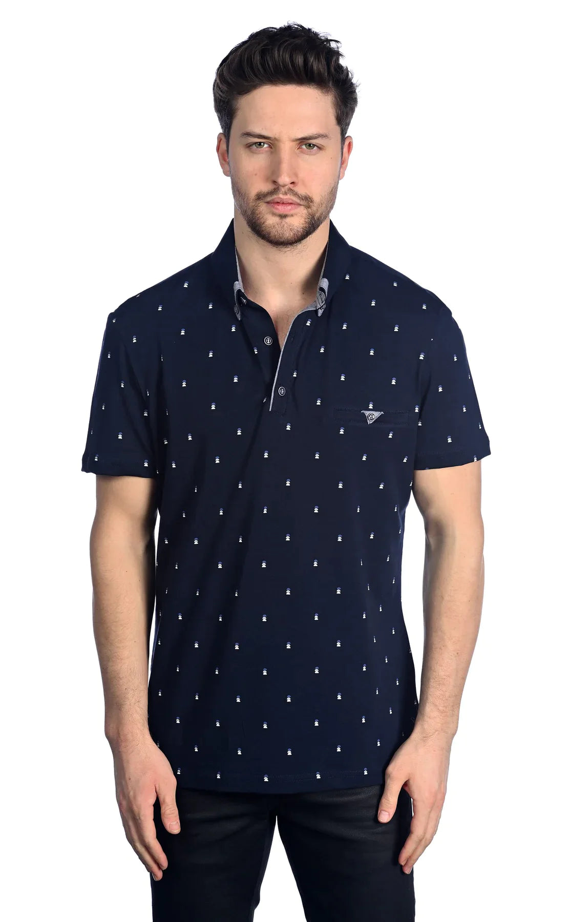 Wholesale,Mizumi, Mizumi Navy With Micro Stacked Semicircle Print Short Sleeve Knit Polo With Front Chest Pocket, Blue, Extra Extra Large-51-TagXXLExtra Large-48-TagXLLarge-46-TagLExtra Large-46-TagXLLarge-43-TagM