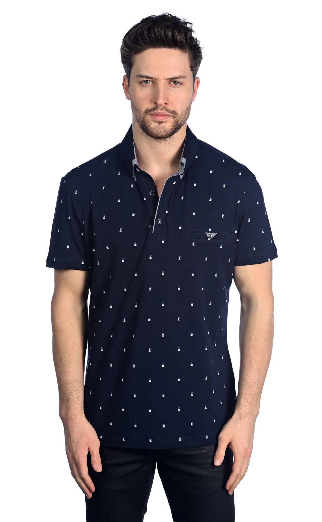 Wholesale,Mizumi, Mizumi Navy With Micro Stacked Semicircle Print Short Sleeve Knit Polo With Front Chest Pocket, Blue, Extra Large-46-TagXL