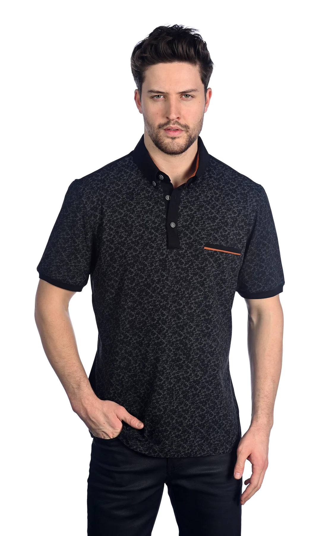 Wholesale,Mizumi, Mizumi Black Abstract Front Print Short Sleeve Knit Polo With Front Chest Pocket, Black, Medium-40-