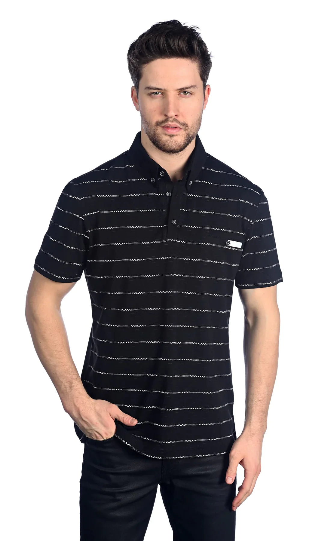 Wholesale,Mizumi, Mizumi Black With White Horizontal Geometric Lines Short Sleeve Knit Polo Shirt With Front Chest Pocket, Black, Extra Extra Large-51-TagXXLExtra Large-46-TagXLExtra Large-48-TagXLLarge-46-TagLMedium-44-TagM