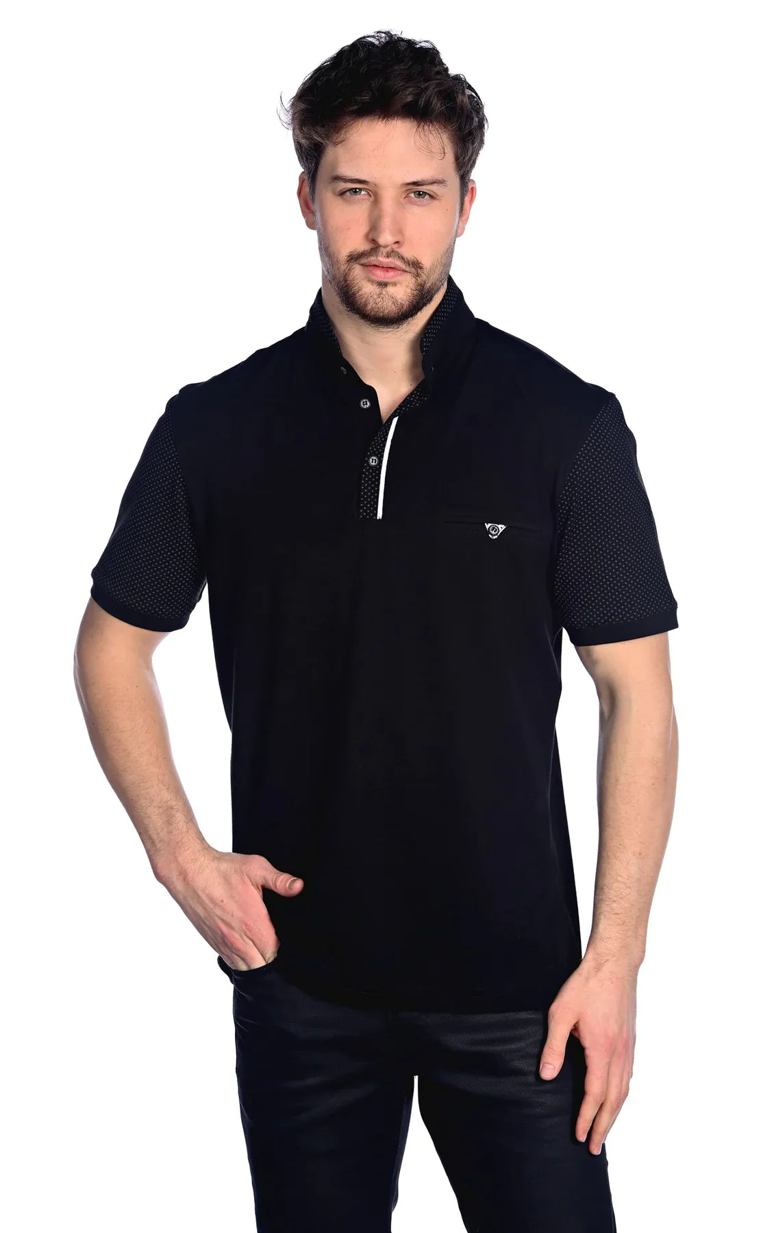 Wholesale,Mizumi, Mizumi Black Short Sleeve Knit Polo With Dotted Contrast Collar And Sleeves, Black, Extra Extra Large-51-TagXXLExtra Large-48-TagXLLarge-46-TagLMedium-42-TagMLarge-45-TagL